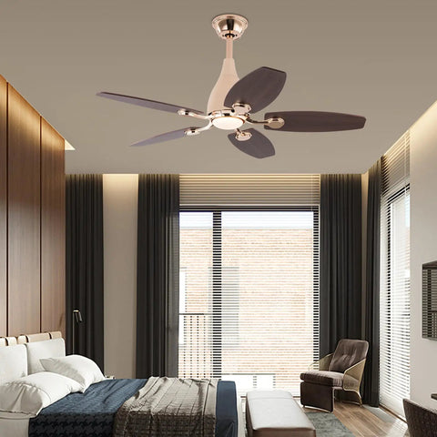 Ceiling Fan with Light 45W Wireless Remote 5 Blades Iron Indoor Mount in modern bedroom with wooden decor and large windows.
