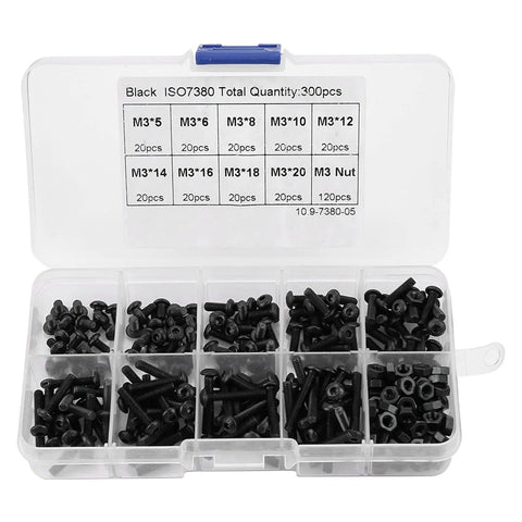 300 Piece High Strength M3 Black Button Head Hex Socket Screws And Nuts Kit For Industrial Use Heavy Duty 10.9 Grade Fasteners For Home Appliance Repair And Machinery Projects. Assorted M3 black screws and nuts in labeled plastic case