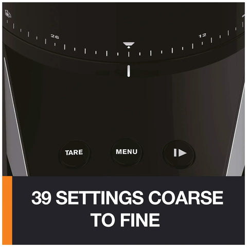 Hella Precise Automatic Coffee Grinder With Built In Scale And Thirty Nine Custom Settings For Bang Perfect Home Brews Solid Daily Ritual With Fourteen Oz Bean Hopper Sleek Black Design showing control panel with nine buttons and scale.