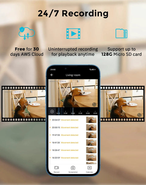 1080P Indoor Security Camera For Home Surveillance With 360 Degree View Two Way Audio Night Vision Easy App Access SD And Cloud Storage Alexa Compatible Ideal Baby Monitor And Pet Cam showing mobile app interface with pet monitoring footage