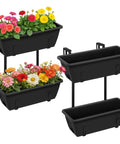 Level Up Your Porch Decor With This Ace Two Tier Railing Planter Box Set Black Window Boxes with vibrant flowers on black iron frame.