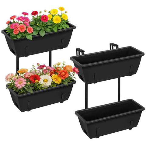 Level Up Your Porch Decor With This Ace Two Tier Railing Planter Box Set Black Window Boxes with vibrant flowers on black iron frame.
