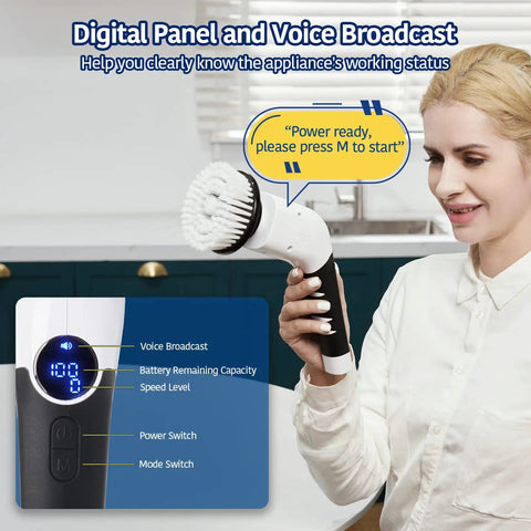 Woman holding motorized cleaning brush with digital panel display in kitchen.