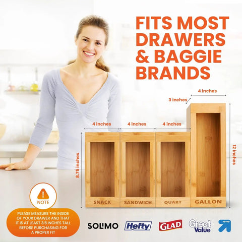 Slick Bamboo Bag Storage Organizer Ace Kitchen Drawer Dispenser Container Fits Ziplock Gallon Quart Sandwich And Snack Slider Bags No Sweat Pantry Makeover Fix with dimensions on countertop.