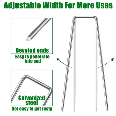 Image of a galvanized steel garden staple with beveled ends and adjustable width for Bulk 500 Pack 6 Inch Galvanized Landscape Staples Garden Stakes Pro Grade Heavy Duty Anti Rust Ground Pins For Weed Barriers Turf Irrigation Hoses Lawn Sod Landscape Fabric And Yard Decor.
