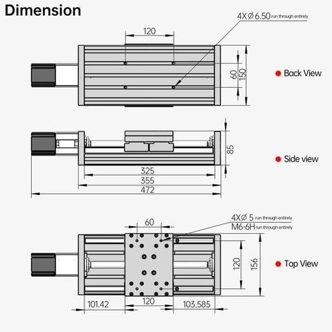 Technical diagram of XC150 CNC Linear Stage Motion Actuator XYZ Axis Cross Sliding Table With 1605 Ballscrew And Nema23 Stepper Motor Bracket