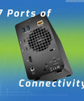 Back view of Flat Out Fast Dual Drive Raid Thunderbolt Dock With 12TB Storage And Built In SD Card Reader showcasing 7 connectivity ports.