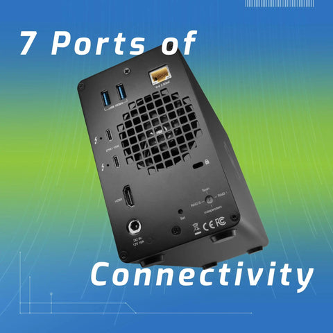 Back view of Badass Thunderbolt Docking Station With Dual Bay RAID Enclosure showing 7 ports of connectivity including USB and HDMI.