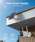 Solar Wireless Security Camera Kit installed under roof with solar panel, showcasing wire-free setup for outdoor home surveillance.