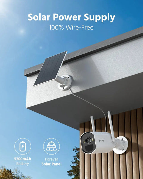 Solar Wireless Security Camera Kit installed under roof with solar panel, showcasing wire-free setup for outdoor home surveillance.