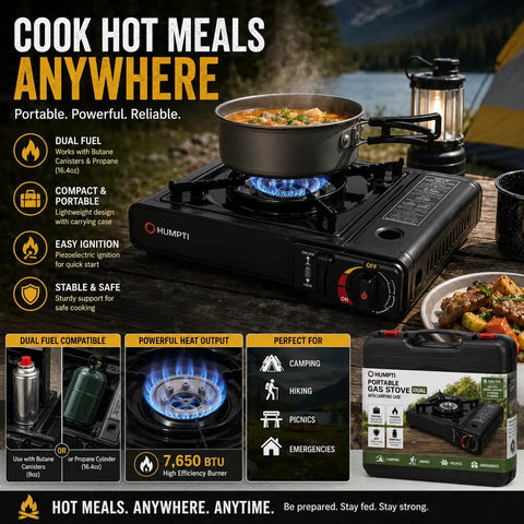 Portable dual fuel stove with pot cooking outdoors, showcasing HUMPTI brand for emergencies, camping, and more.