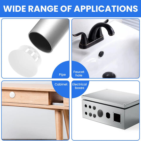 Plastic Hole Plugs Kit 200 Pieces Eight Sizes One Quarter Inch Five Sixteenth Inch Three Eighths Inch One Half Inch Five Eighths Inch Three Quarters Inch Seven Eighths Inch One Inch Snap In Round Hole Caps For Cabinets And Furniture White shown in various applications: pipes, faucet holes, cabinets, electrical boxes.