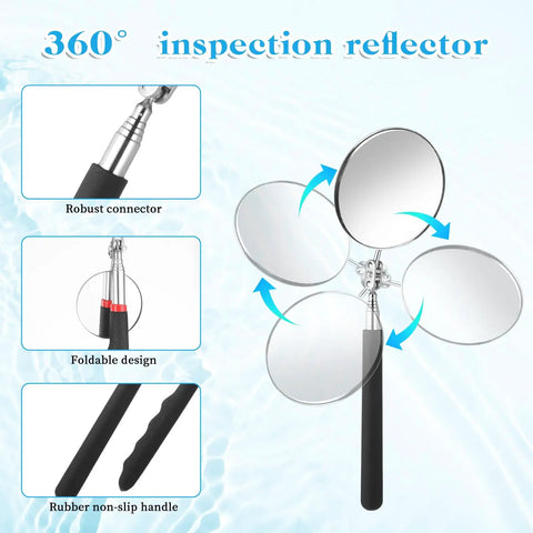 Five Piece Telescoping Inspection Mirror Set With Retractable Handles And 360 Degree Rotating Mirror Heads, Stainless Steel Construction