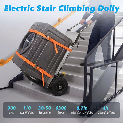 Heavy Duty Electric Stair Climbing Cart 1500W Motor With Anti-Slip Tires, Adjustable Speed powered hand truck in use on stairs.