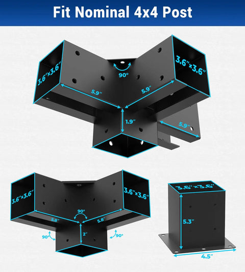 Beefed-Up Heavy Duty 4x4 Pergola Brackets Kit For 6 Leg Frames With Beams, 3 Way Connectors Four Pieces, 4 Way Connectors Two Pieces, And 4x4 Post Bases Six Pieces Outdoor Garden Patio Frame Kit