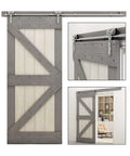 Stainless Steel Sliding Barn Door Hardware Kit For One Door With Pro Grade Four Roller Hangers And Quiet Soft Close Durable Rail System For Smooth Seamless Movement Easy Connect Rails 20 Ft Length Color L Roller shown installed on a barn door.