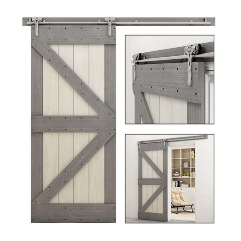 Stainless Steel Sliding Barn Door Hardware Kit For One Door With Pro Grade Four Roller Hangers And Quiet Soft Close Durable Rail System For Smooth Seamless Movement Easy Connect Rails 20 Ft Length Color L Roller shown installed on a barn door.
