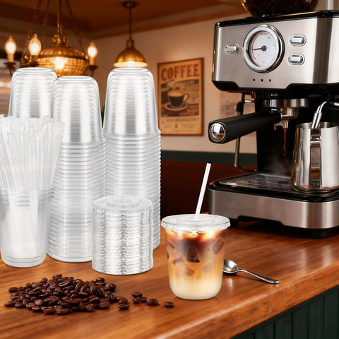 Clear 12 Oz Cups With Lids And Straws 50 Pack For Iced Coffee Smoothies Milkshakes Juices To Go Durable BPA Free PET Plastic