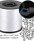 Clear Invisible Hanging Wire 0 Point 9 Millimeter Pro Grade That Holds Up To 60lbs 656 Feet Nylon Thread and crimping sleeves.