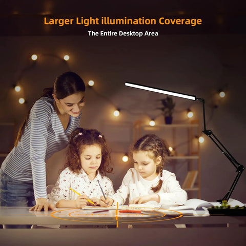 LED Desk Lamp With Clamp And Base Two In One Desk Light With 50.7 Inch Adjustable Swing Arm illuminates children reading.