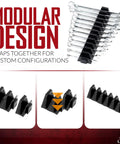 Slick Modular Wrench Organizer System with 48 magnetic holders, showing tools upright in toolbox drawers for easy access.