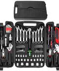 95 Piece Diy Tool Set With Portable Plastic Toolbox And Adjustable Wrench Pliers Socket Bits For Home Garage And Apartment Repairs Everyday Fixes Grab And Go displayed open with tools organized in slots.