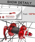 All Terrain Mountain Bike Wheelset With Carbon Hub For 26 27.5 And 29 Inches showing red carbon hub and quick release components.