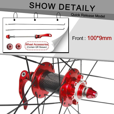All Terrain Mountain Bike Wheelset With Carbon Hub For 26 27.5 And 29 Inches showing red carbon hub and quick release components.