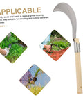 Long Handle Manganese Steel Grass Sickle For Weeding And Harvesting, Hand Tool With Wooden Grip, showing blade and uses.