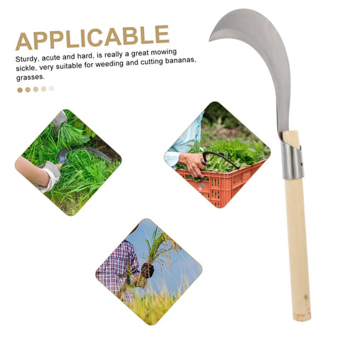 Long Handle Manganese Steel Grass Sickle For Weeding And Harvesting, Hand Tool With Wooden Grip, showing blade and uses.