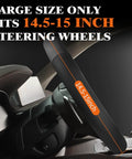 Premium Black Pu Leather Steering Wheel Cover For Cars And Suv With Universal 14.5 To 15 Inch Fit showing snug 14.5-15 inch fit.