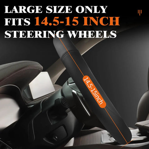 Premium Black Pu Leather Steering Wheel Cover For Cars And Suv With Universal 14.5 To 15 Inch Fit showing snug 14.5-15 inch fit.