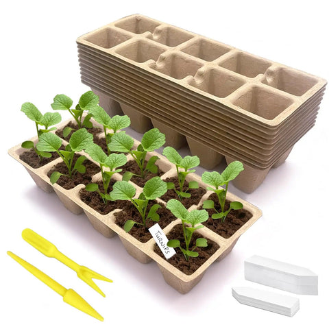 120 Cell Seed Starter Tray Kit With Germination Peat Pots And 100 Labels, showcasing seedlings in trays with tools and labels.