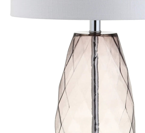 Smoked Gray Glass Table Lamp With Modern Faceted Design, White Linen Drum Shade, Chrome Base, 26.5 Inch Tall, LED Bulb Included, Perfect Bedroom Nightstand Or Living Room Accent Light