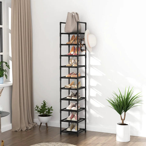 Tall Narrow Metal Shoe Rack Organizer With 10 Tier Design For Entryway And Closet Space Saver Corner Shelf, holding shoes.