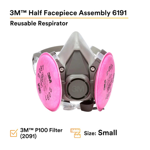 Front view of 3M half facepiece respirator assembly kit with P100 filter 2091 small size, featuring pink filters.