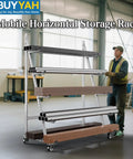 Badass Horizontal Storage Rack Built Tough From Weather Resistant Alloy Steel Rolling Smooth On Three Inch Casters With Two Fixed And Two Swiveling Wheels For Quick Garage Hauls with wood and metal materials.