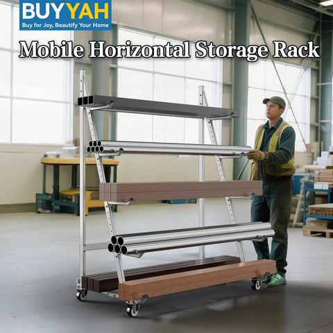 Badass Horizontal Storage Rack Built Tough From Weather Resistant Alloy Steel Rolling Smooth On Three Inch Casters With Two Fixed And Two Swiveling Wheels For Quick Garage Hauls with wood and metal materials.