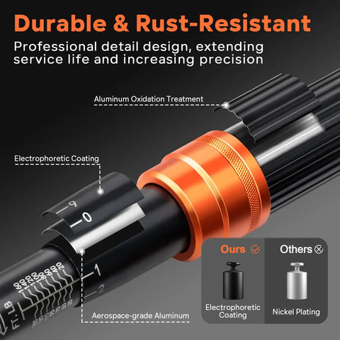 Triple-Drive Click Torque Wrench Set for 1/4, 3/8, and 1/2 Inch Drives, 20-240 in-lb, 5-45 ft-lb, 20-160 ft-lb Ranges, Calibrated to Three Percent with Dual SAE and Metric Scales, Ideal for Bikes, Motorcycles, and Cars. Close-up of aluminum wrench with oxidation and electrophoretic coating