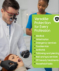 Inspire black nitrile gloves worn by a dentist performing a dental exam on a patient; green banner behind
