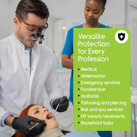 Inspire black nitrile gloves worn by a dentist performing a dental exam on a patient; green banner behind