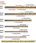 60 Piece Mini Titanium Twist Drill Bit Set For Wood Metal Plastic Aluminum And Steel With Pro Grade Fully Ground HSS 4341 Bits And 135 Degree Point Includes Small To One Eighth Inch Sizes For Precise Micro Drilling, showing various sizes in inches and metric.