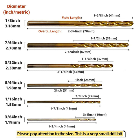 60 Piece Mini Titanium Twist Drill Bit Set For Wood Metal Plastic Aluminum And Steel With Pro Grade Fully Ground HSS 4341 Bits And 135 Degree Point Includes Small To One Eighth Inch Sizes For Precise Micro Drilling, showing various sizes in inches and metric.