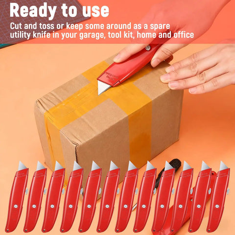 12 Pack Bulk Retractable Utility Knives Heavy Duty Aluminum Box Cutters For Cardboard Plastic Cartons DIY Projects Home Office Warehouse Red Handles Great For Packaging Opening And Crafting, red handle on box