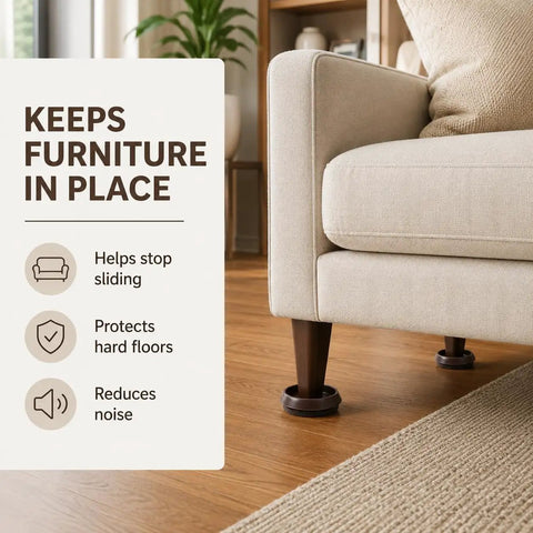 10 Pack Furniture Caster Cups With Plush Felt Bottom Anti Skid Floor Savers grip under a beige couch to prevent sliding.