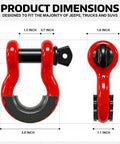Beefed Up Heavy Duty D Ring Shackle Three Quarters Inch For Jeep And Truck Towing And Off Road Recovery, Drop Forged Steel, 45,000 Lb Breaking Strength, 4.75 Ton Tow Capacity, Screw Pin, Built For Trail Recovery And Heavy Duty Pulls. Red 3/4-inch D-ring shackle dimensions