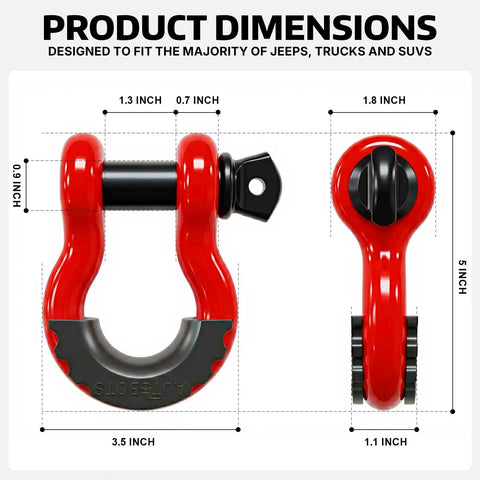 Beefed Up Heavy Duty D Ring Shackle Three Quarters Inch For Jeep And Truck Towing And Off Road Recovery, Drop Forged Steel, 45,000 Lb Breaking Strength, 4.75 Ton Tow Capacity, Screw Pin, Built For Trail Recovery And Heavy Duty Pulls. Red 3/4-inch D-ring shackle dimensions