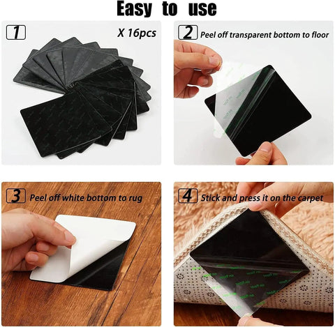 16 Piece No Slip Rug Pad Grippers For Hardwood Floors And Tile Reusable And Washable Double Sided Carpet Tape installation guide