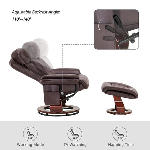 Swivel Recliner With Ottoman And Vibration Massage, Faux Leather TV Chair for small spaces, dark brown, adjustable backrest