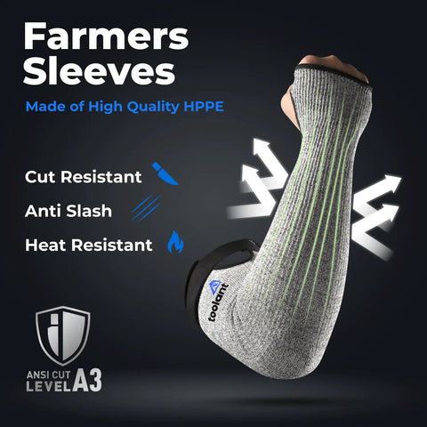Cut Resistant Arm Sleeves With Thumb Hole, Heavy Duty HPPE Guard for gardening, cooking, welding; shown with protection features.